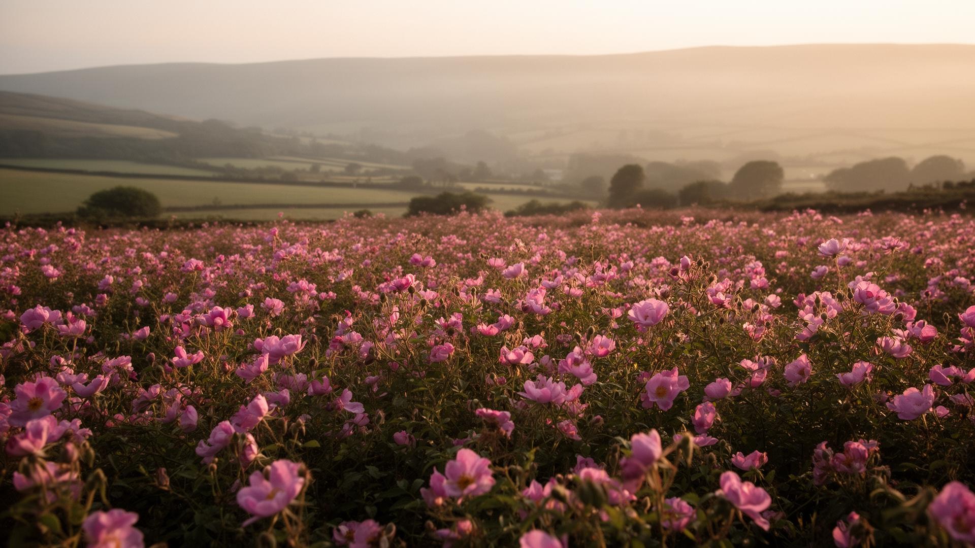 A field of wild roses at golden hour, soft Welsh hills beyond