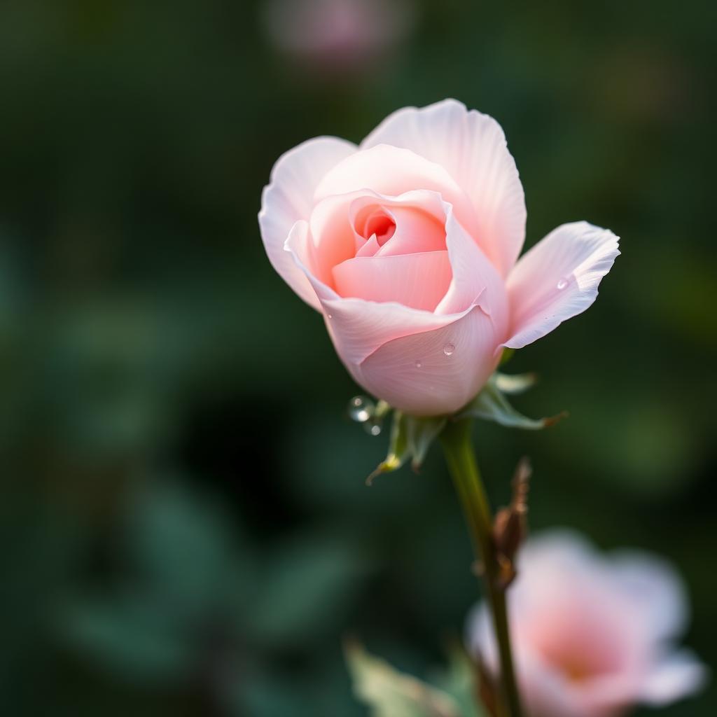 A pale pink wild rose with dewdrops