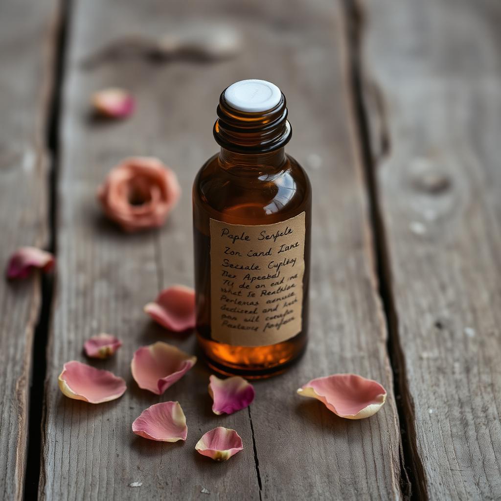 Amber apothecary bottle beside rose petals