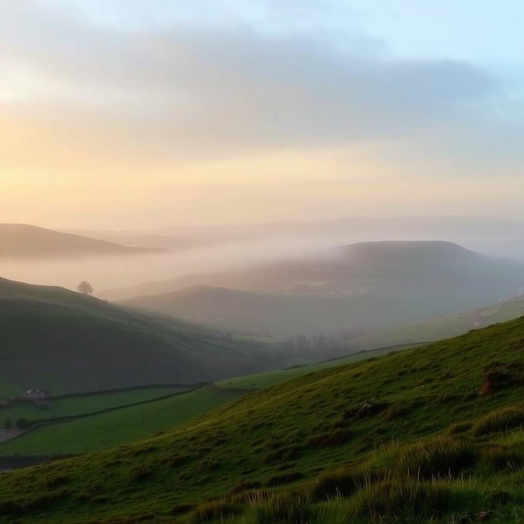 Welsh hillside in soft golden mist
