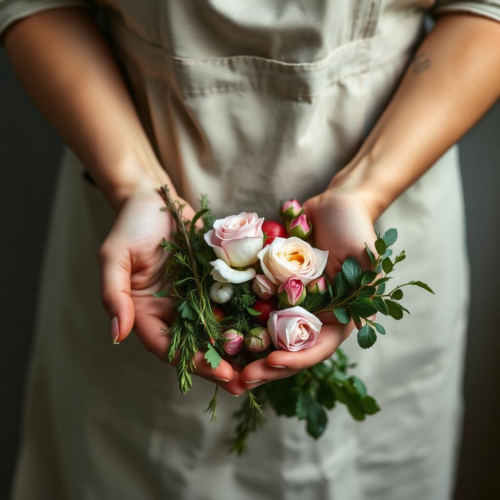 Hands holding fresh-cut roses and herbs