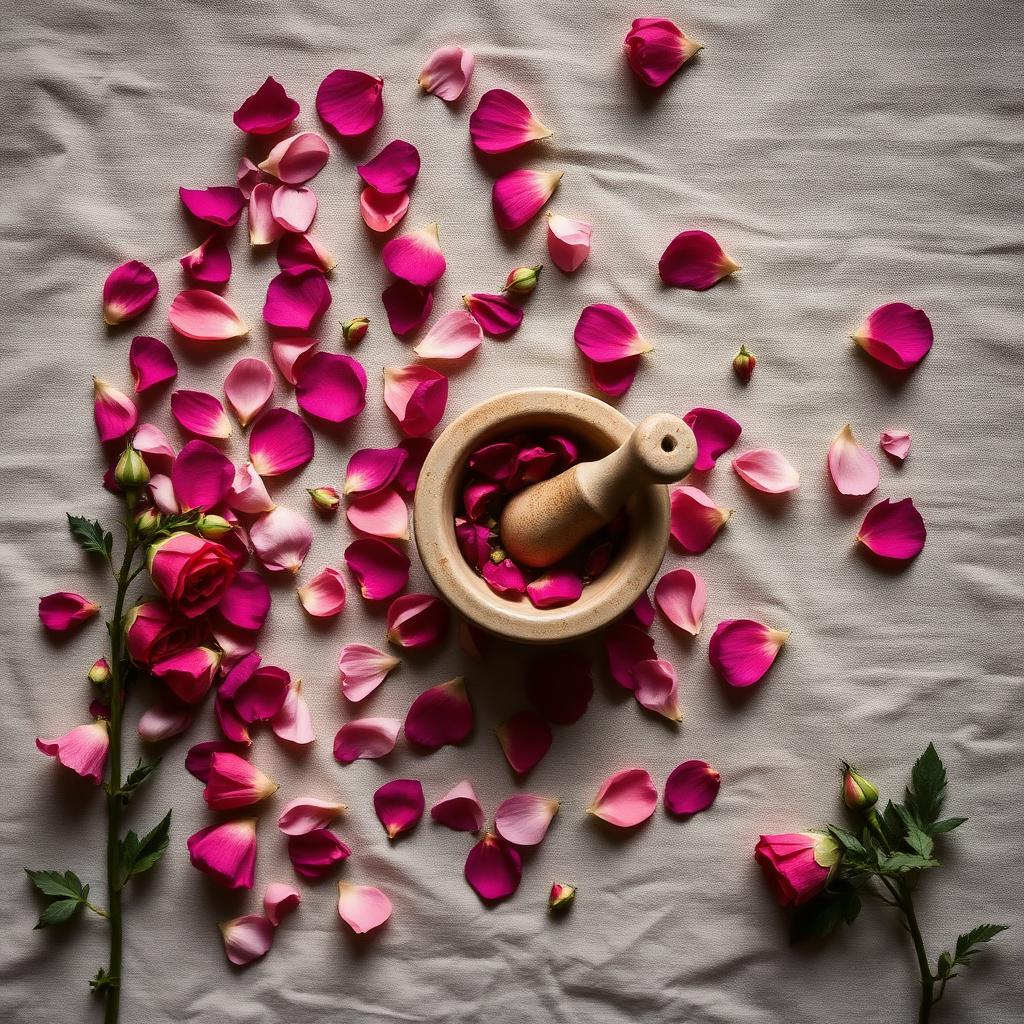 Rose petals scattered around a mortar and pestle