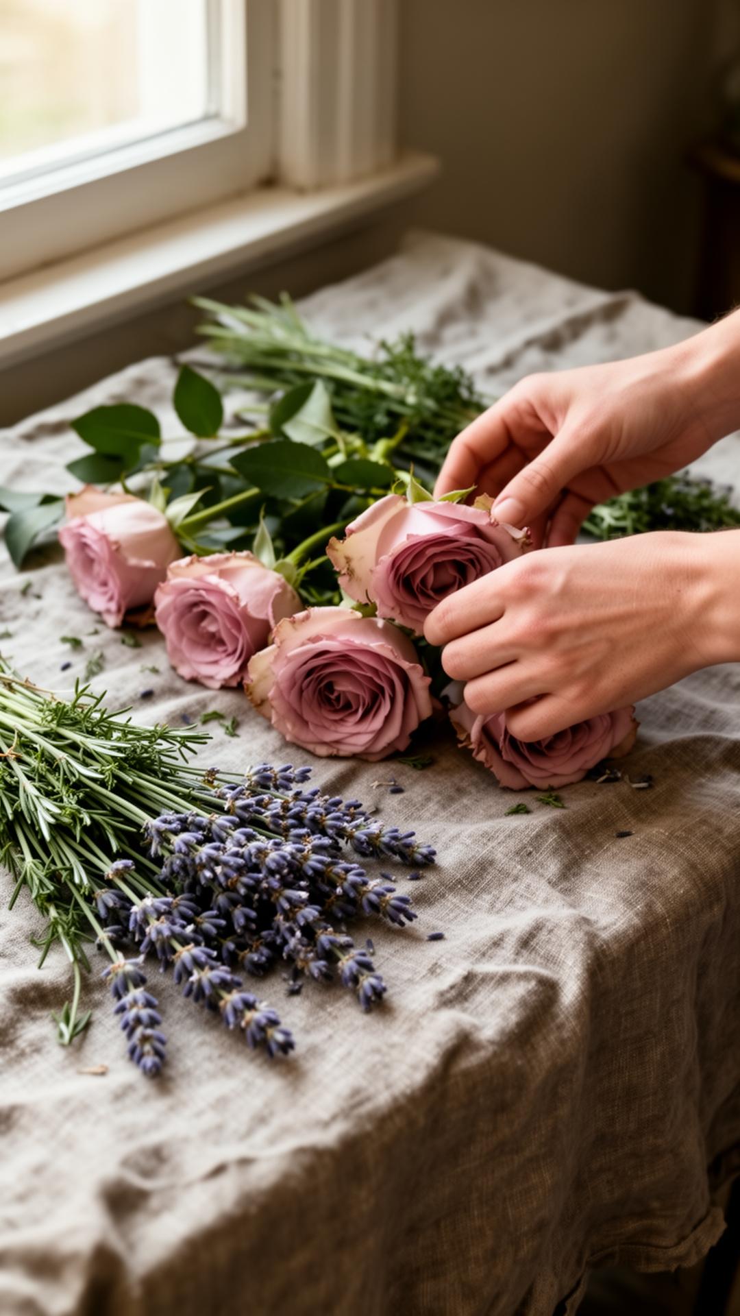 Hands arranging fresh roses, lavender and rosemary on weathered linen